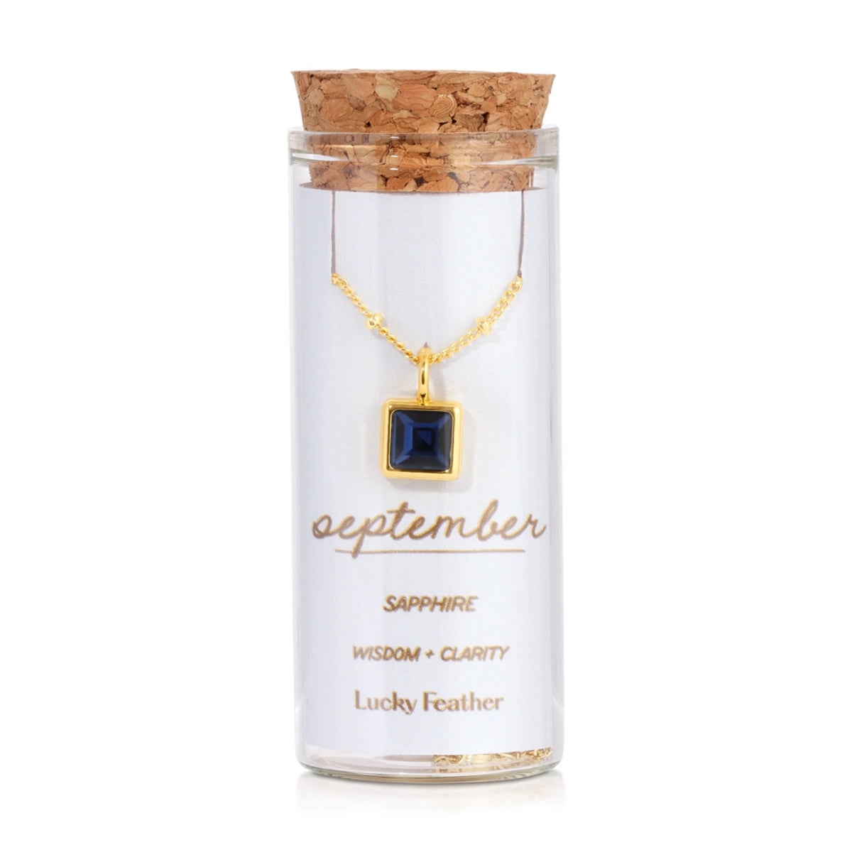 Lucky Feather, September Birthstone Message in a Bottle Pendant: September - Sapphire BBNG-SEP