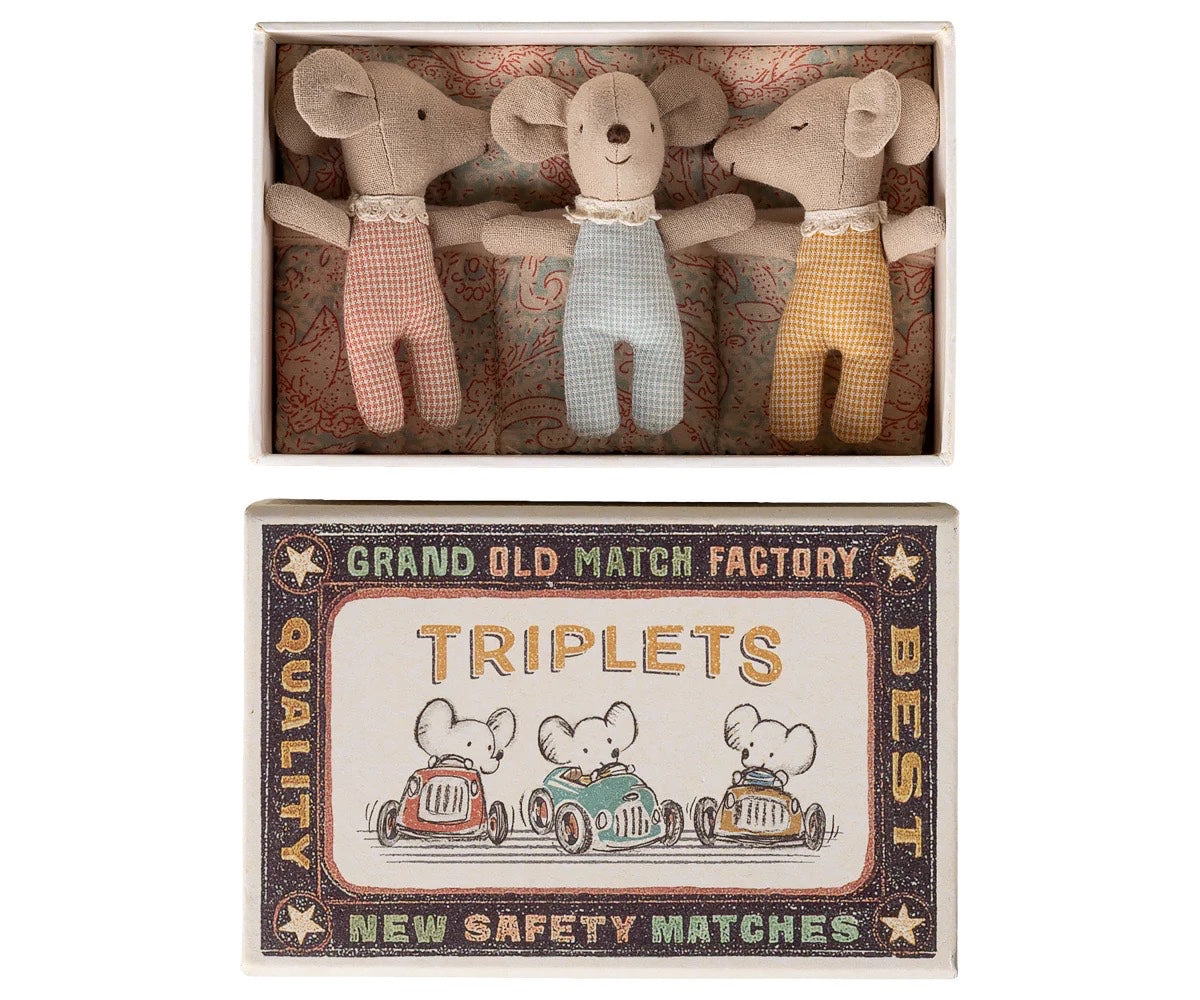Maileg, Mouse: Triplets - Baby Mice in Matchbox - Checker 17-6001-00