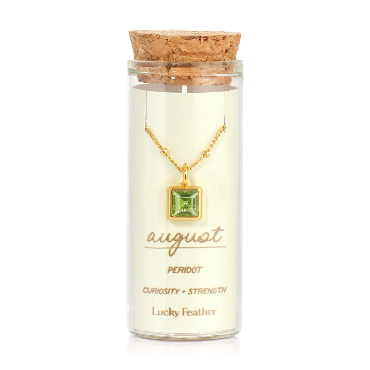 Lucky Feather, August Birthstone Message in a Bottle Pendant: August- Peridot BBNG