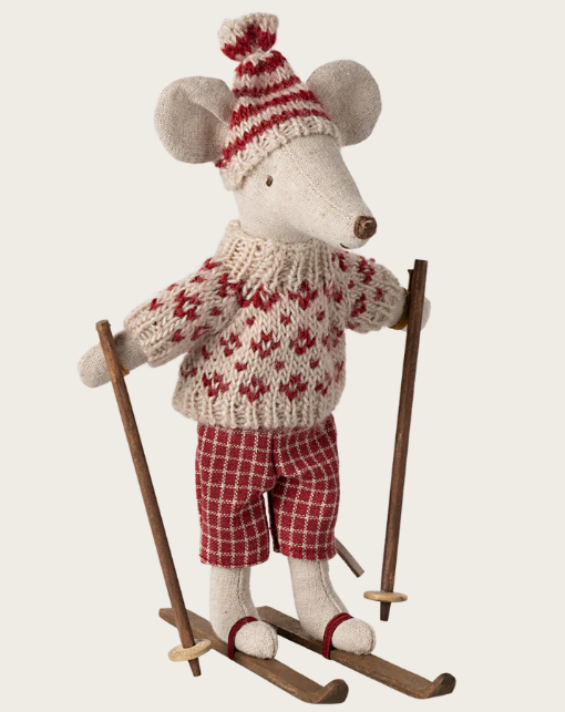 Maileg, Winter Mouse with Ski Set - Mum Red 17-4304-00