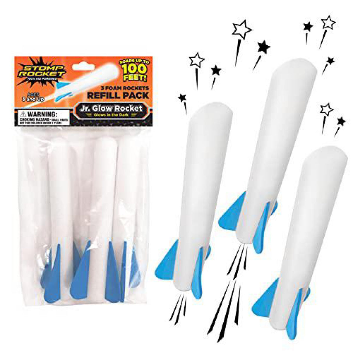 D & L, Stomp Rocket: The Original Jr. Glow Rocket Refill Pack, 3 Rockets