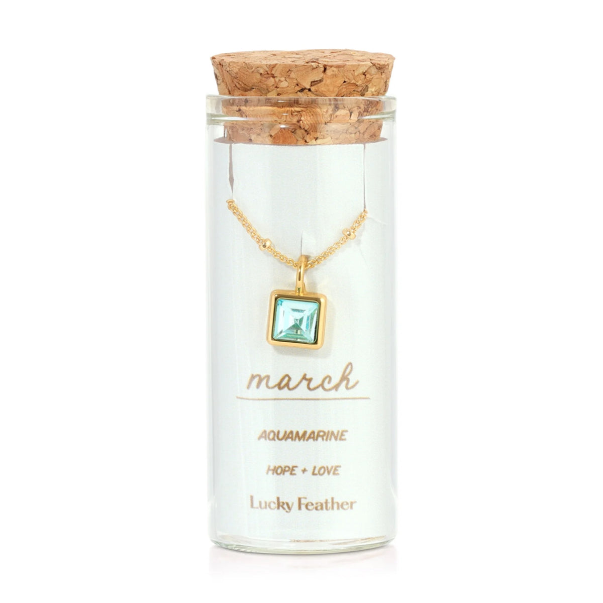 Lucky Feather, March Birthstone Message in a Bottle Pendant: March - Aquamarine BBNG-MAR